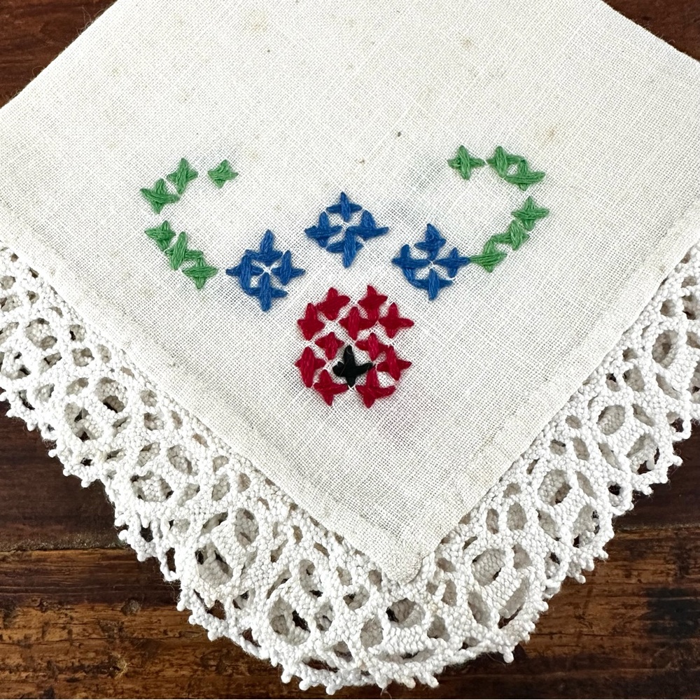 Vintage Hand-Embroidered Lace Trimmed Handkerchief